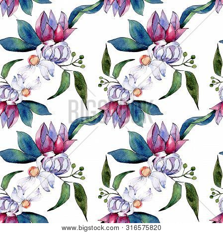 Bouquet Loral Botanical Flowers. Watercolor Background Illustration Set. Seamless Background Pattern