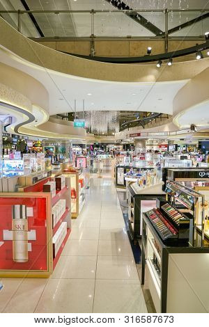 SINGAPORE - CIRCA APRIL, 2019: goods on display at Cosmetics & Perfumes by The Shilla Duty Free in Changi International Airport. 