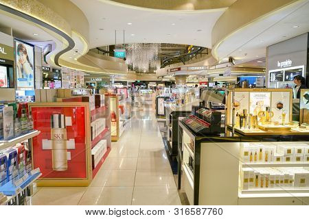 SINGAPORE - CIRCA APRIL, 2019: goods on display at Cosmetics & Perfumes by The Shilla Duty Free in Changi International Airport. 