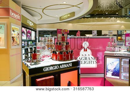 SINGAPORE - CIRCA APRIL, 2019: goods on display at Cosmetics & Perfumes by The Shilla Duty Free in Changi International Airport. 