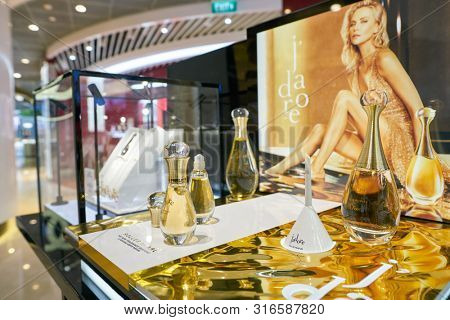SINGAPORE - CIRCA APRIL, 2019: Dior products on display at Changi International Airport. 
