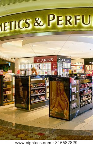 SINGAPORE - CIRCA APRIL, 2019: goods on display at Cosmetics & Perfumes by The Shilla Duty Free in Changi International Airport. 