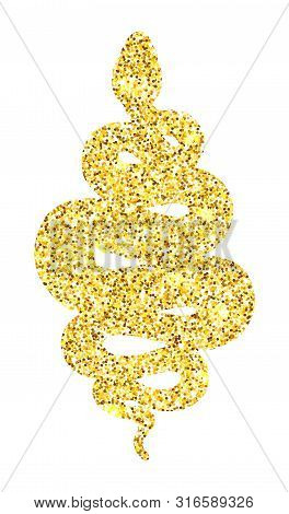 Coiled Snake Golden Glitter Illustration. Tribal Serpent Isolated Over White Background. Vector Rept