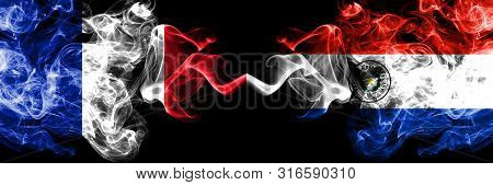 France Vs Paraguay, Paraguayan Smoky Mystic Flags Placed Side By Side. Thick Colored Silky Abstract 