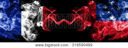 France Vs Samoa, Samoan Smoky Mystic Flags Placed Side By Side. Thick Colored Silky Abstract Smokes 