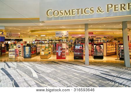 SINGAPORE - CIRCA APRIL, 2019: goods on display at Cosmetics & Perfumes by The Shilla Duty Free in Changi International Airport. 