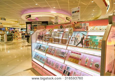 SINGAPORE - CIRCA APRIL, 2019: goods on display at Cosmetics & Perfumes by The Shilla Duty Free in Changi International Airport. 