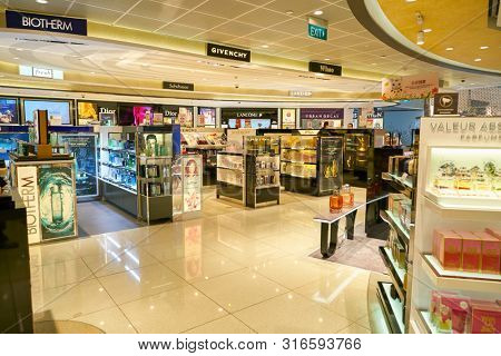 SINGAPORE - CIRCA APRIL, 2019: goods on display at Cosmetics & Perfumes by The Shilla Duty Free in Changi International Airport. 