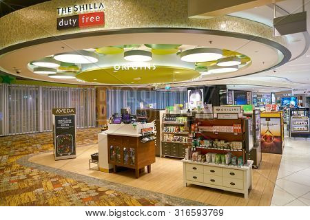 SINGAPORE - CIRCA APRIL, 2019: goods on display at Cosmetics & Perfumes by The Shilla Duty Free in Changi International Airport. 