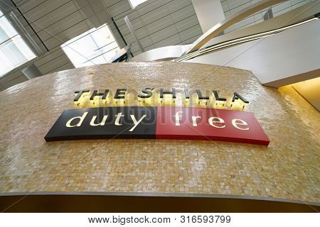 SINGAPORE - CIRCA APRIL, 2019: The Shilla Duty Free sign seen Changi International Airport. 