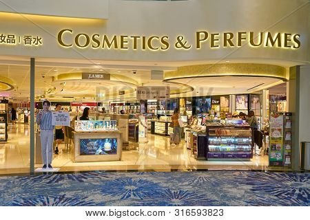 SINGAPORE - CIRCA APRIL, 2019: goods on display at Cosmetics & Perfumes by The Shilla Duty Free in Changi International Airport. 