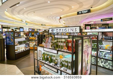 SINGAPORE - CIRCA APRIL, 2019: goods on display at Cosmetics & Perfumes by The Shilla Duty Free in Changi International Airport. 