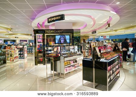 SINGAPORE - CIRCA APRIL, 2019: goods on display at Cosmetics & Perfumes by The Shilla Duty Free in Changi International Airport. 