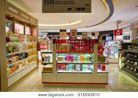 SINGAPORE - CIRCA APRIL, 2019: goods on display at Cosmetics & Perfumes by The Shilla Duty Free in Changi International Airport. 