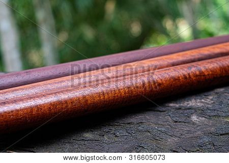 Wood Logs Round Lath Of Burma Padauk, Exotic Wooded Beautiful Pattern For Crafts Or Diy At Blured Ba
