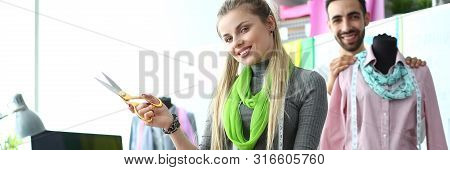 Clothes Design Process Stylish Needlework Concept. Designers Team Creating Brandnew Collection. Sewi