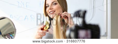 Blogger Person Streaming Video Beauty Tutorial. Hair Care Internet Cources Concept. Fashion Vlogger 