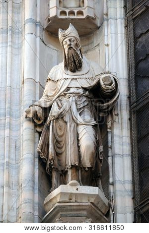 MILAN, ITALY - JUNE 22, 2018: Issachar, statue on the Milan Cathedral, Duomo di Santa Maria Nascente, Milan, Lombardy, Italy