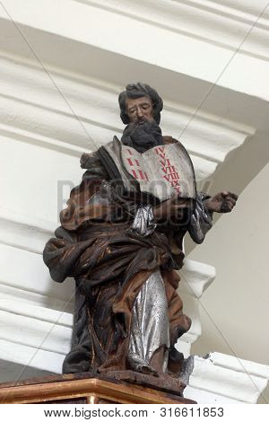 SAMOBOR, CROATIA - MARCH 03, 2018: Moses, statue on the pulpit in the Church of the Assumption of the Virgin Mary in Samobor, Croatia