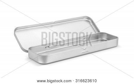Blank Stanless Opened Box For Pencil Or Stationery Isolated On White Background With Clipping Path
