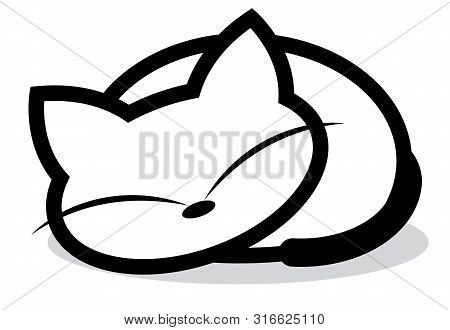 Adorable White Sleeping Cat - Vector Outline