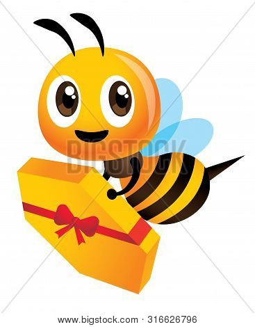 Cartoon Cute Bee Carries A Huge Honeycomb For Delivery. Honeycomb Gimmick For Customer. Vector Illus