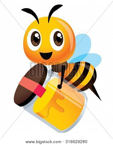 Cartoon Cute Bee Holds A Big Bottle Of  Fresh Honey Product. Delivery Fresh Natural Honey Product To