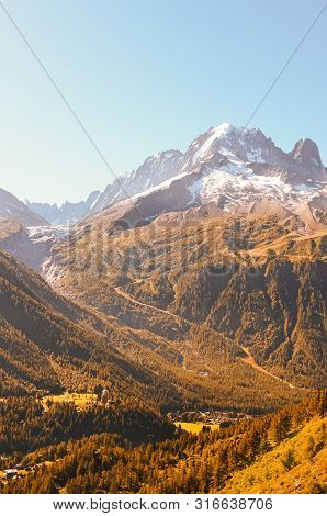 Amazing Sunset Over The Mountains In Alps Near Chamonix, France. Snowcapped Mountains In Background.
