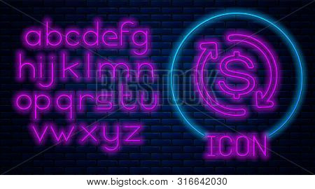 Glowing Neon Return Of Investment Icon Isolated On Brick Wall Background. Money Convert Icon. Refund