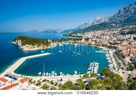 An Aerial View Of Makarska, A Beautiful City Located In Croatia