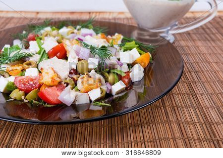 Vegetable Salad Of Cherry Tomatoes, Olives, Sliced Onion, Greens, Rennet Soft Cheese, Fried Shrimps 