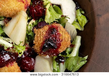 Tasty Homemade Cheese Donuts Jam, Poured With Pear And Salad-2.