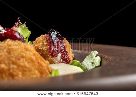 Tasty Homemade Cheese Donuts Jam, Poured With Pear And Salad-2.
