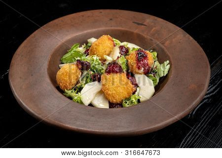 Tasty Homemade Cheese Donuts Jam, Poured With Pear And Salad-2.