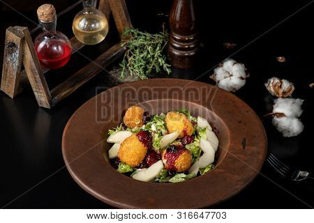 Tasty Homemade Cheese Donuts Jam, Poured With Pear And Salad-2.