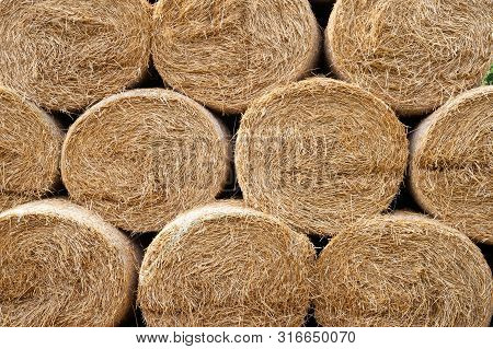 Hay Bales. Close-up Of Hay Bales Stacked In Stacks.