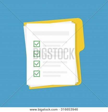 Vector Folder With Checklist And Documents On Blue Background In Trendy Flat Style. File With Papers