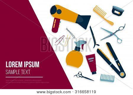 Barbershop Colorful Template Vector Illustration. Diverse Equipment Of Hairdresser Such As Fan, Scis