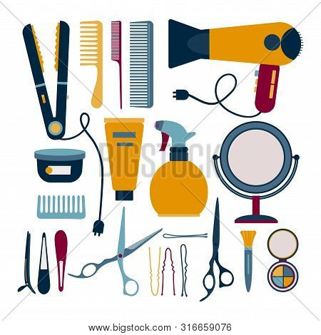 Hairdresser Elements Set Vector Illustration. Collection Of Diverse Equipment Of Hairdresser Fan, Sc