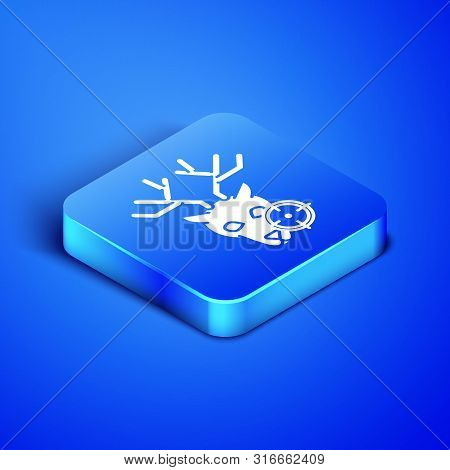 Isometric Hunt On Deer With Crosshairs Icon Isolated On Blue Background. Hunting Club Logo With Deer
