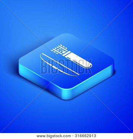 Isometric Bow And Arrow In Quiver Icon Isolated On Blue Background. Blue Square Button. Vector Illus