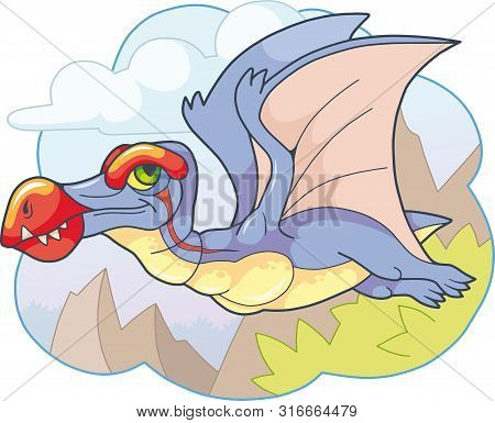 Cartoon Cute Prehistoric Dinosaur Pterosaur, Funny Illustration