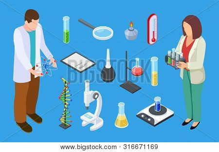 Scientists And Experimental Equipment. Isometric Chemical Or Medical Lab Equipment Vector Set. Scien