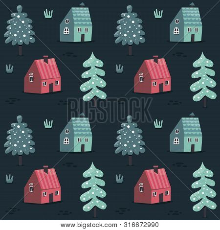 Seamless Cute Scandinavian Pattern With Houses And Trees