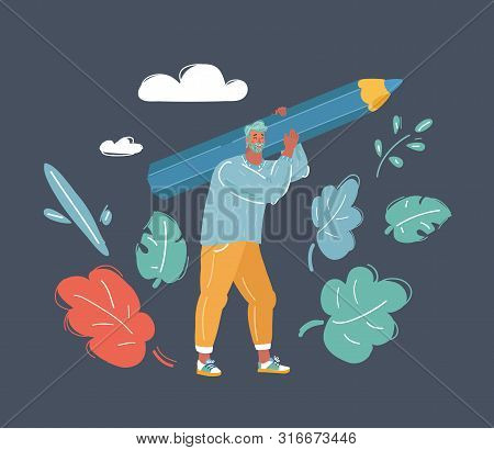 Vector Cartoon Illustration Of Man With Pencil, Thinking Isolated On A Dark Background. Writer, Blog
