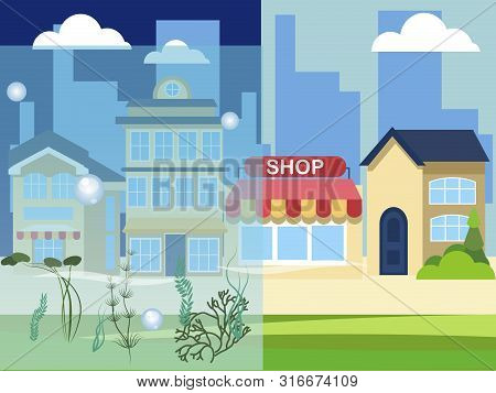 Half Of The City Went Under Water. In Minimalist Style Cartoon Flat Vector