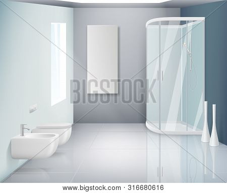 Bathroom Interior. Modern Toilet Or Washroom Objects Bathroom Realistic Vector Background. Illustrat