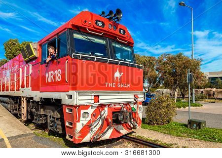 Adelaide Parklands Terminal, South Australia - August 4, 2019: The Ghan Train Engine Ready To Depart