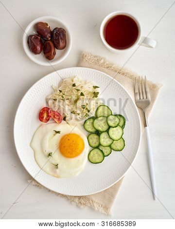 Gluten Free Breakfast - Omelet With Cherries And Cucumber, Dash Fodmap Diet, Healthy Balanced Food