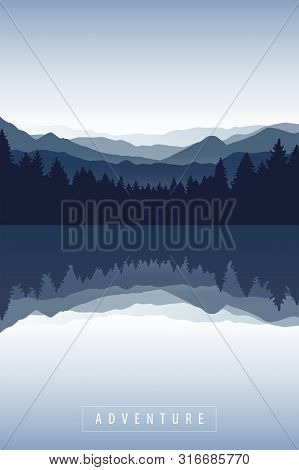 Blue Forest And Mountain Nature Landscape By The Lake Vector Illustration Eps10